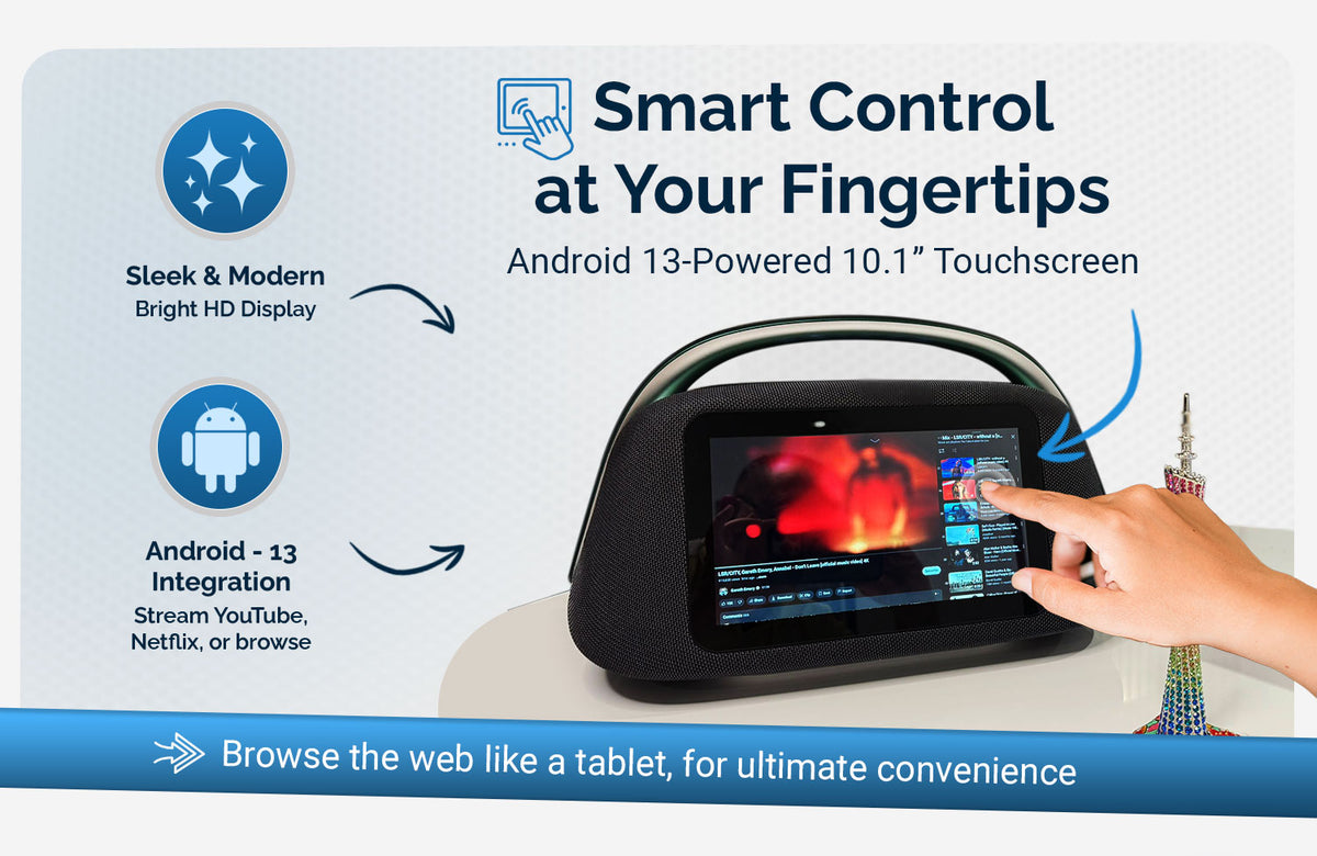 Free touchscreen boombox gift: Android 13 touchscreen for streaming YouTube, Netflix, and web browsing