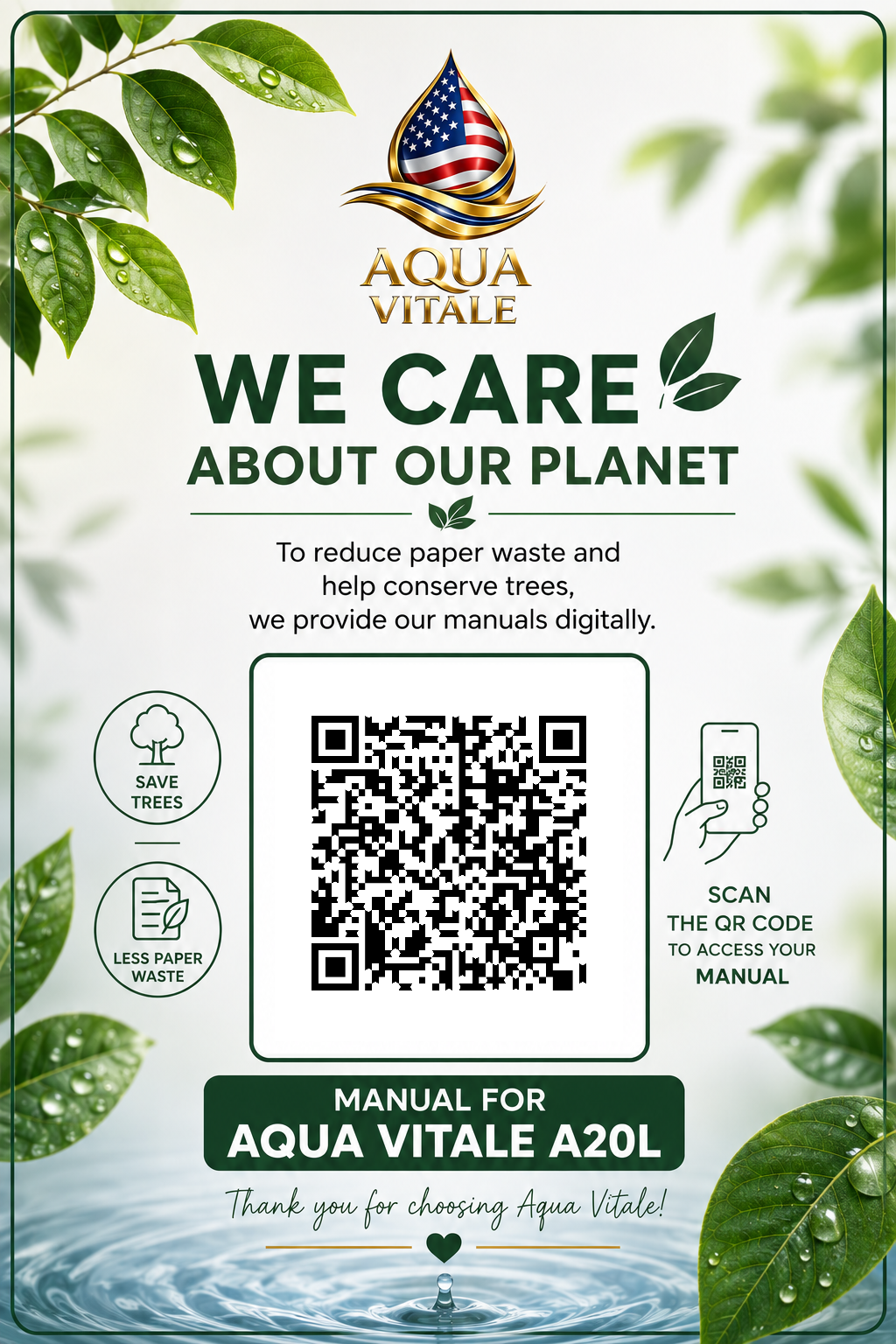 QR code poster linking to the digital manual for the Aqua Vitale A20L