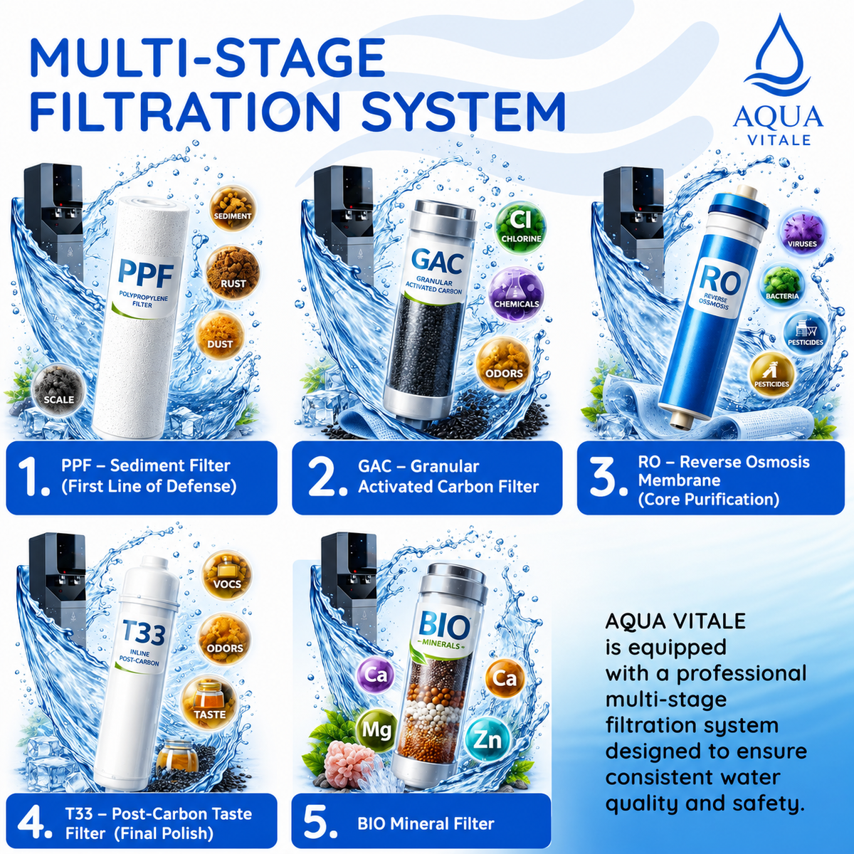 Aqua Vitale A20L five-stage filtration system: sediment, carbon, reverse osmosis, taste filter, mineral filter