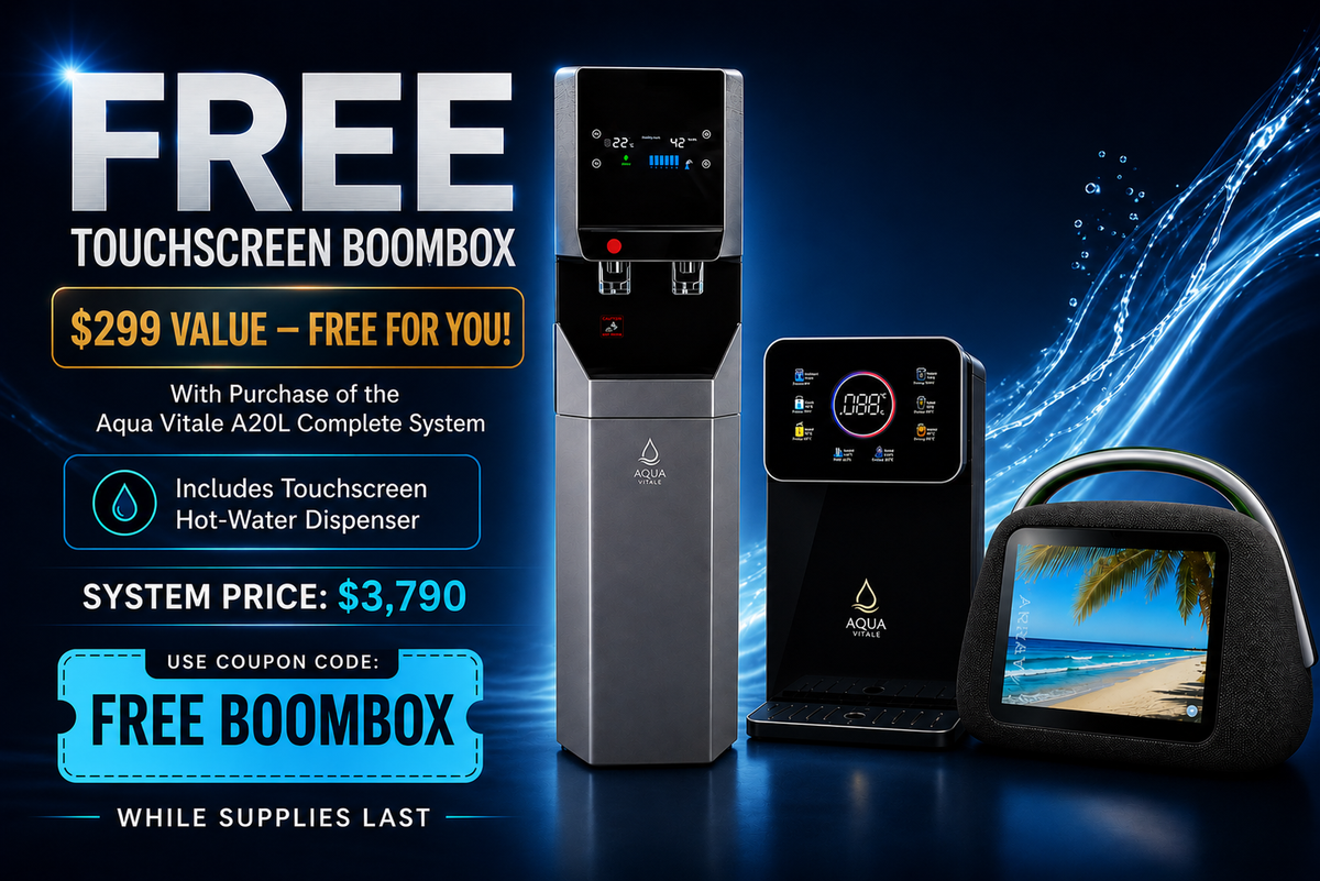 Free Touchscreen Boombox promo with Aqua Vitale A20L purchase, $3,790 system price