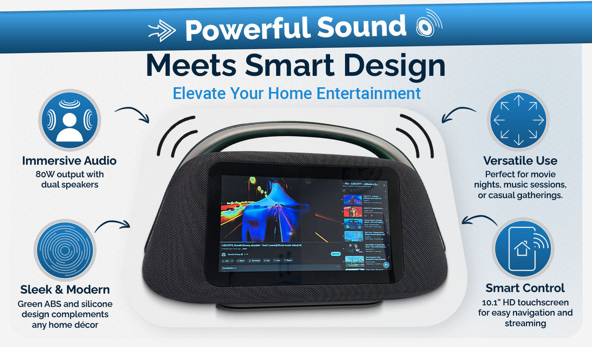 Free touchscreen boombox gift features: 80W immersive audio, 10.1" HD touchscreen, versatile use, and sleek design