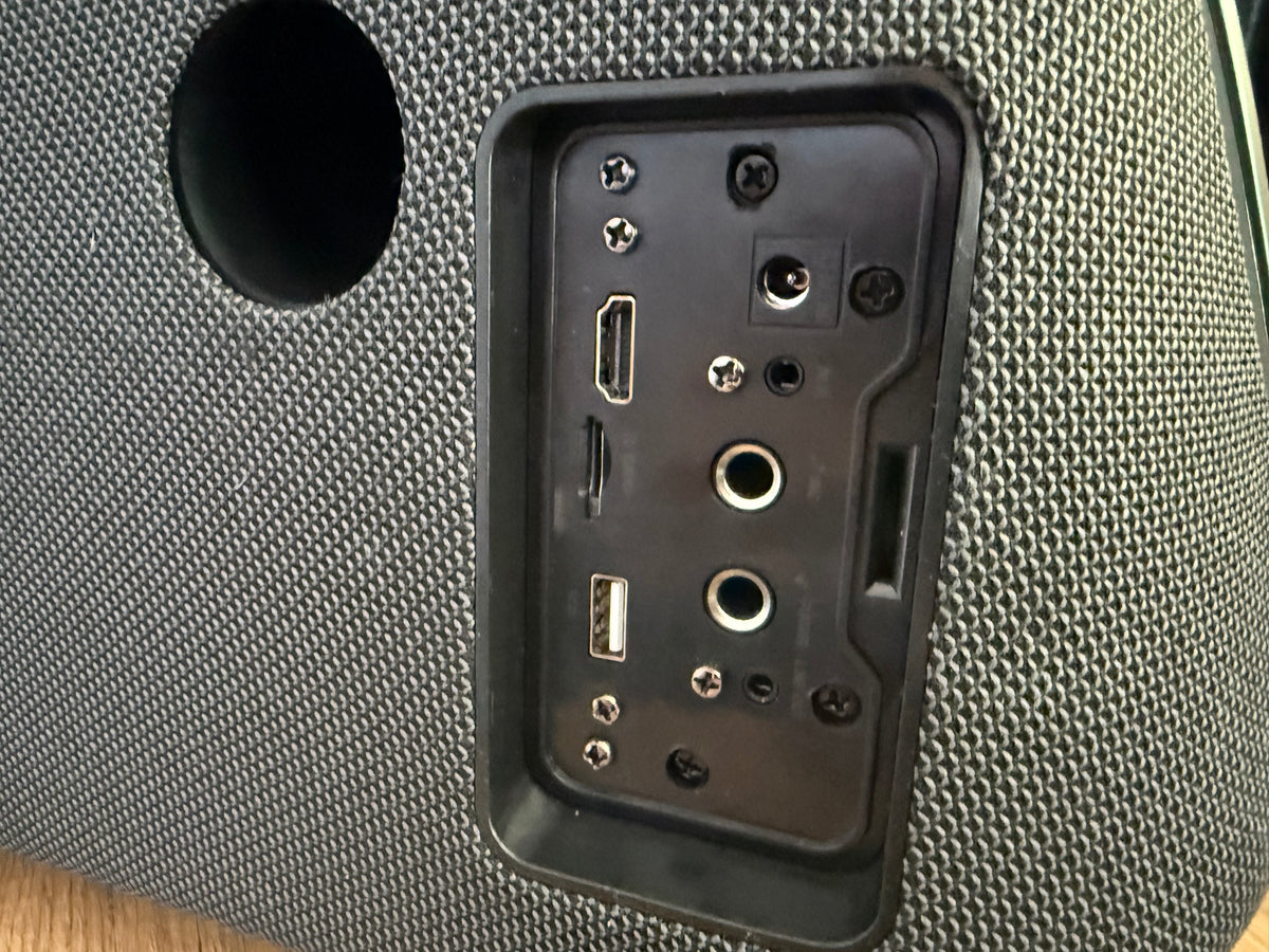 Rear port panel of the free touchscreen boombox gift showing HDMI, USB, SD card, and audio jack connections