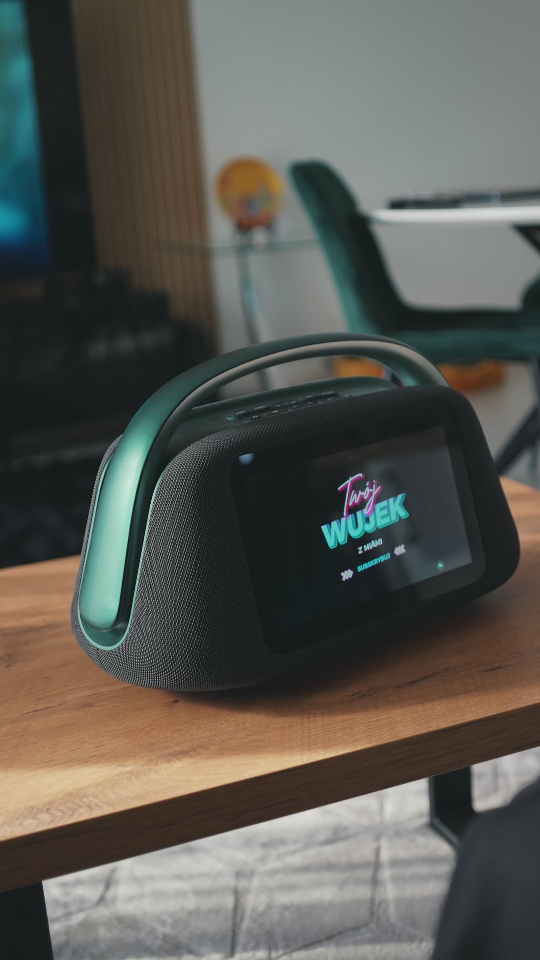 Video of the free touchscreen boombox gift displayed poolside
